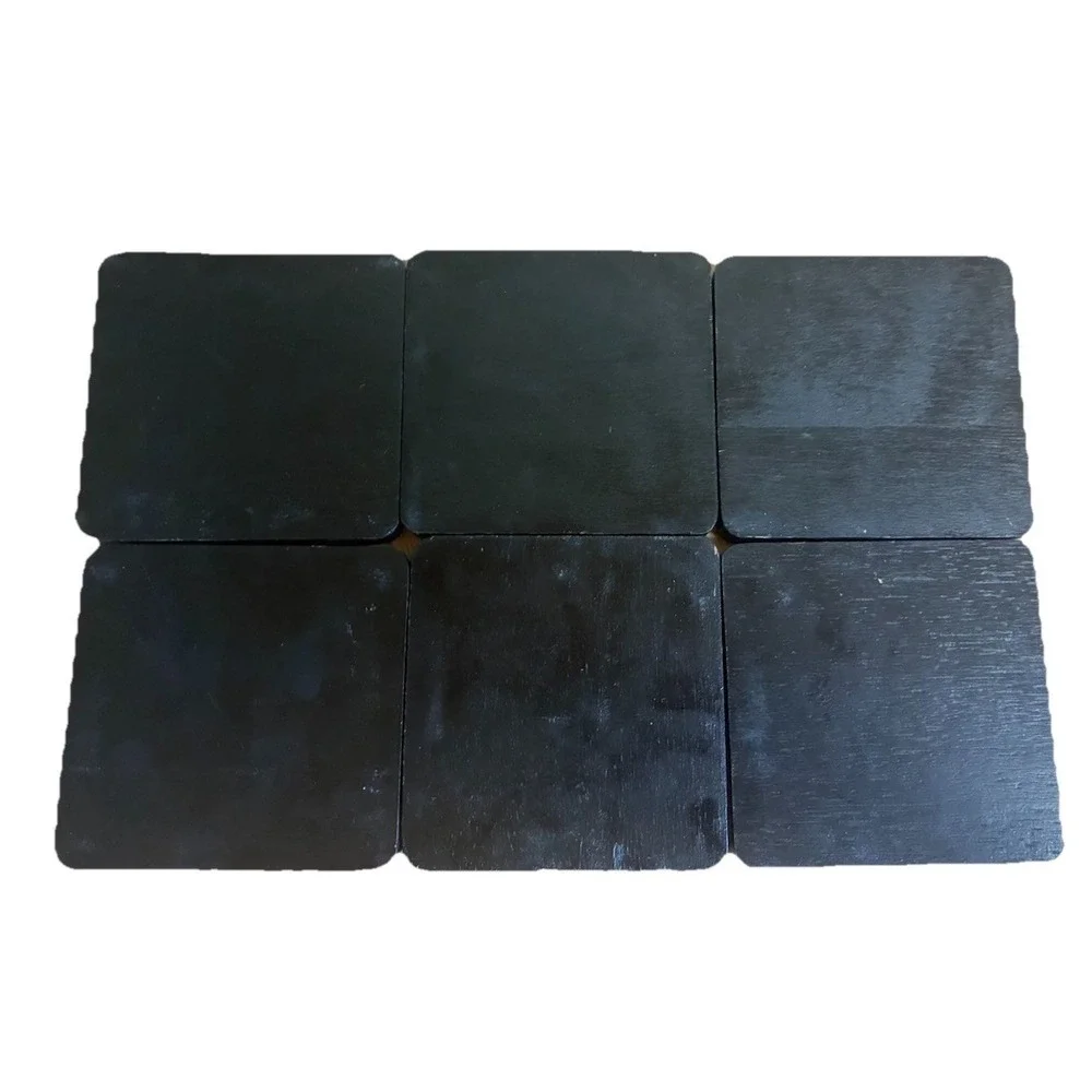 Vintage  Coaster Set Black Wooden Cork Top Brass Unicorn Holder